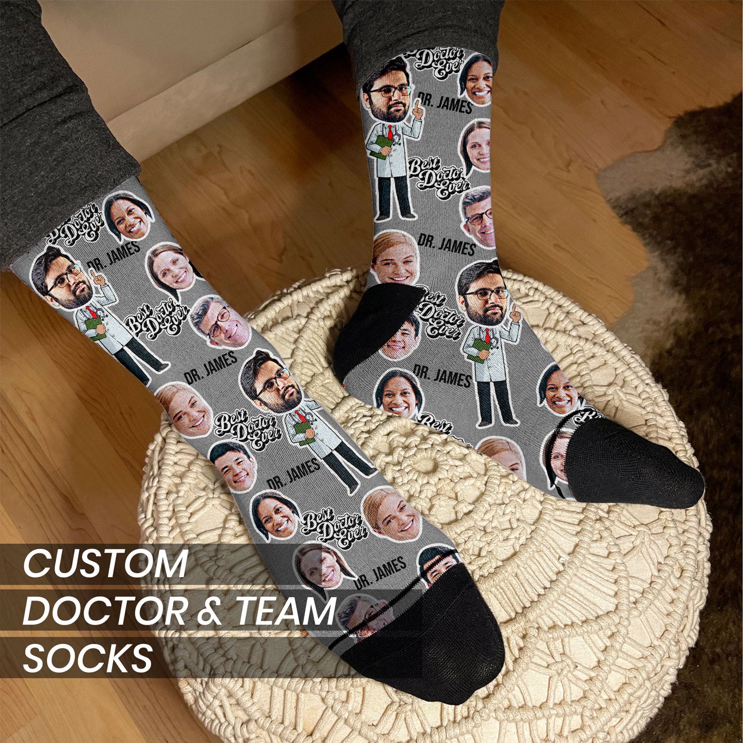 personalized socks with doctor's face and medical team in grey on male's feet